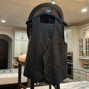 Men’s Designer Custom Vest • Grey Black Plaid•Navy Fully Lined •Adjustable Cinch